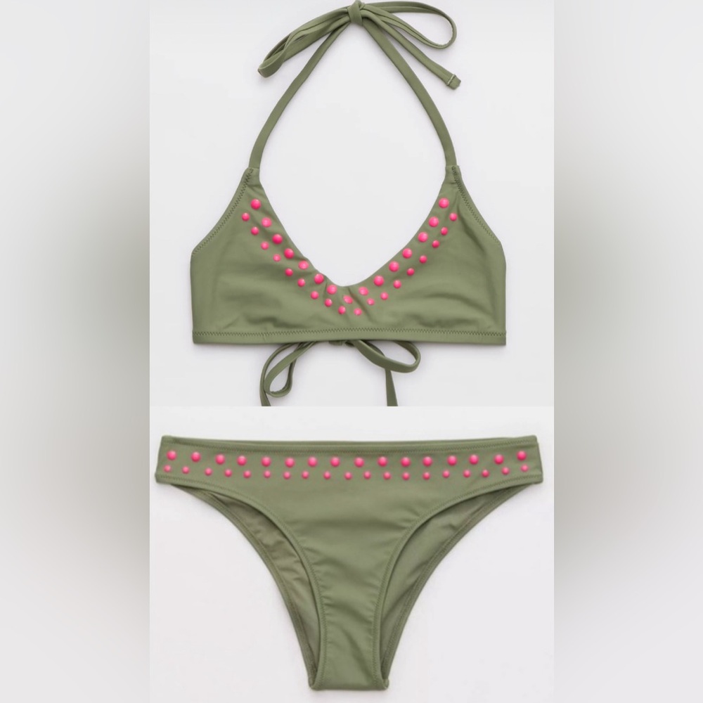 NWT Aerie FULL SET Halter Voop Top + Cheeky Bottom in Olive w Fuscia Dots